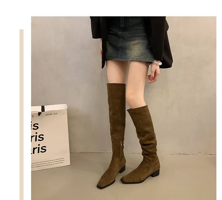 ShoeGlobe ShoeGlobe ShoeGlobe Chunky Heel Pointed Toe Suede Slim Long Women's Shoes 2025 New Autumn Winter Korean Style Over-the-Knee Riding Boots_voghion.com