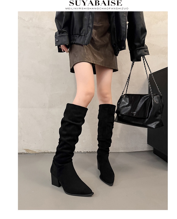 ShoeGlobe ShoeGlobe ShoeGlobe Women's Knight 2025 New Autumn Winter Thick Heel Pointed Toe Long Retro Suede Wrinkled Slouch Boots_voghion.com
