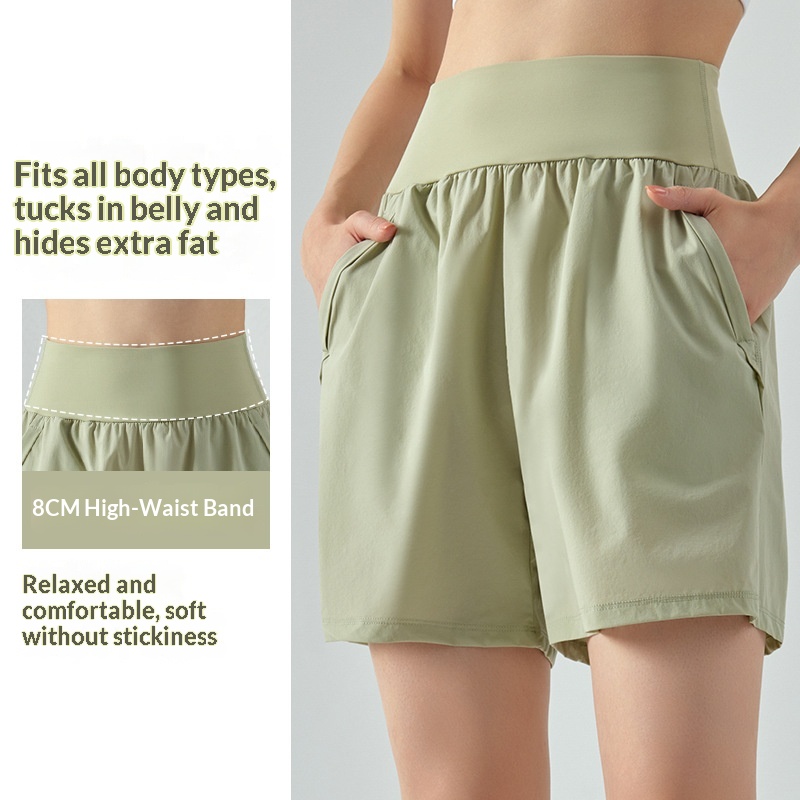 High Waist Tummy Control Spo For Women, Summer Double Pocket Running Fitness Sho, Loose Casual Breathable Yoga_voghion.com
