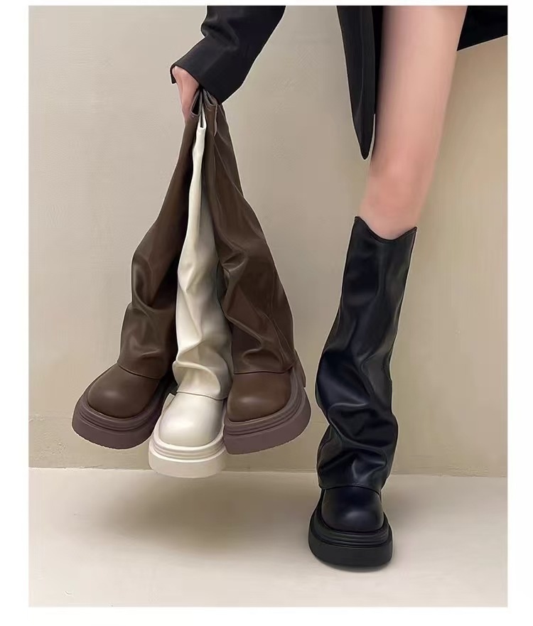 ShoeGlobe ShoeGlobe ShoeGlobe Tube 2024 Spring And Autumn New Genuine Leather Thick Sole Petite Riding Shoes For Women Long Boots_voghion.com