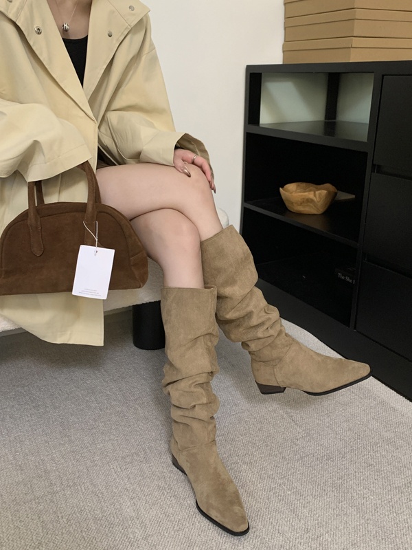 ShoeGlobe ShoeGlobe 2025 Autumn Winter French Retro Suede Low Over-the-Knee Long Thick Heel Pointed Toe Ruched High Tube Boots For Women_voghion.com
