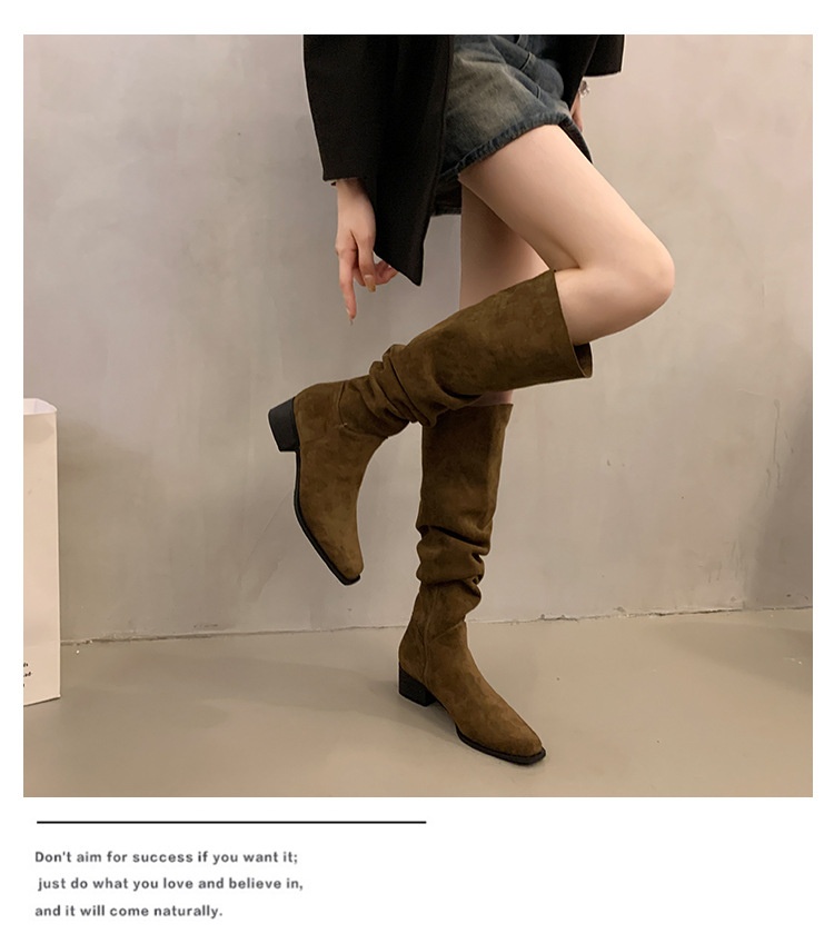 ShoeGlobe ShoeGlobe ShoeGlobe Chunky Heel Pointed Toe Suede Slim Long Women's Shoes 2025 New Autumn Winter Korean Style Over-the-Knee Riding Boots_voghion.com