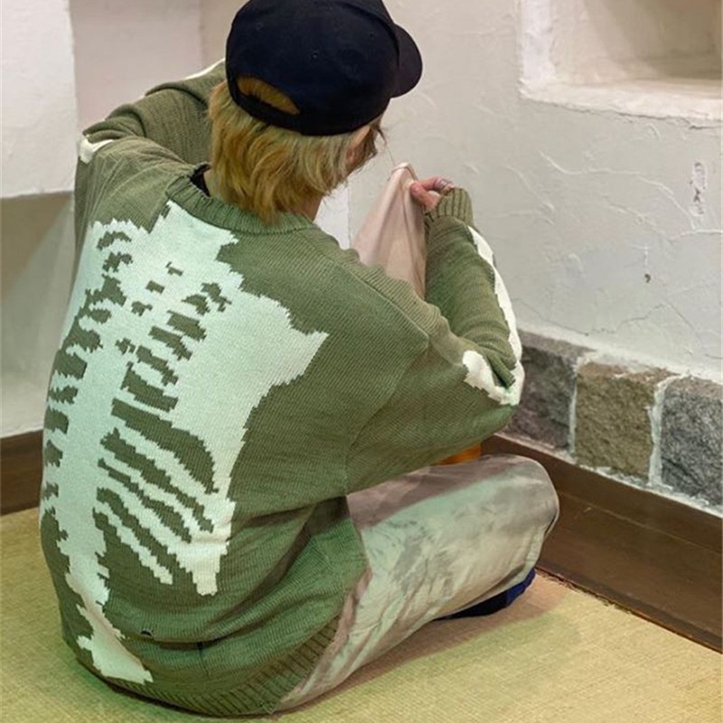 Boy Boy Boy Boy Cross-Border Back Skeleton Jacquard Ripped Long Sleeve Loose Pullover Sweater Men And Women Trendy Green In_voghion.com