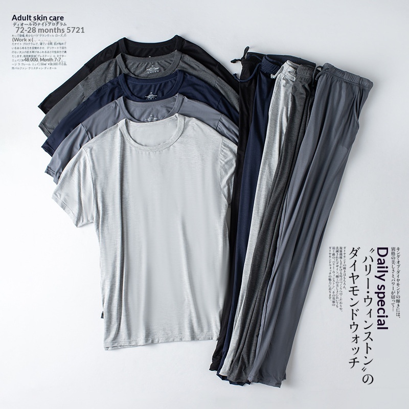 Modal Pajamas Men's Short Sleeve T-Shirt Thin Loose Long Pants Summer Wearable Sports Homewear Set_voghion.com