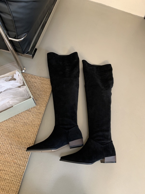 ShoeGlobe ShoeGlobe 2025 Autumn Winter French Retro Suede Low Over-the-Knee Long Thick Heel Pointed Toe Ruched High Tube Boots For Women_voghion.com