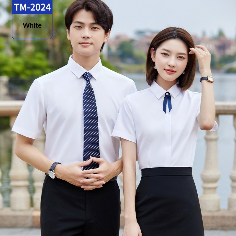 Summer Men's And Women's Non-Iron White Embroidered Anti-Wrinkle Professional Formal Short Sleeve Shirt_voghion.com