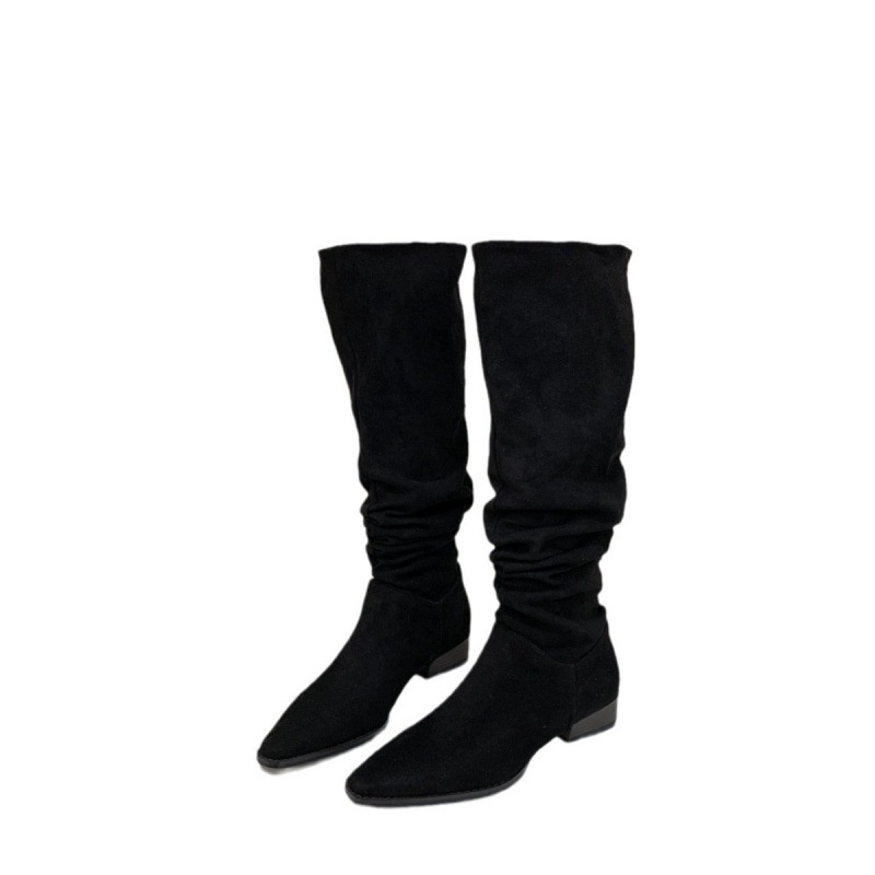 ShoeGlobe ShoeGlobe ShoeGlobe Stacked Women's Riding Retro Suede Chunky Heel Square Toe 2024 New Wrinkled High Tube Long Boots_voghion.com