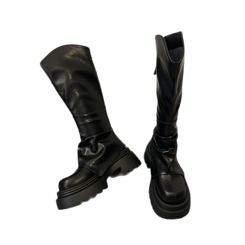 ShoeGlobe ShoeGlobe ShoeGlobe Europejski styl Długie dla kobiet 2025 Wiosna i jesień Gorący trend Ponad kolano Retro plisowane grube podeszwy_voghion.com