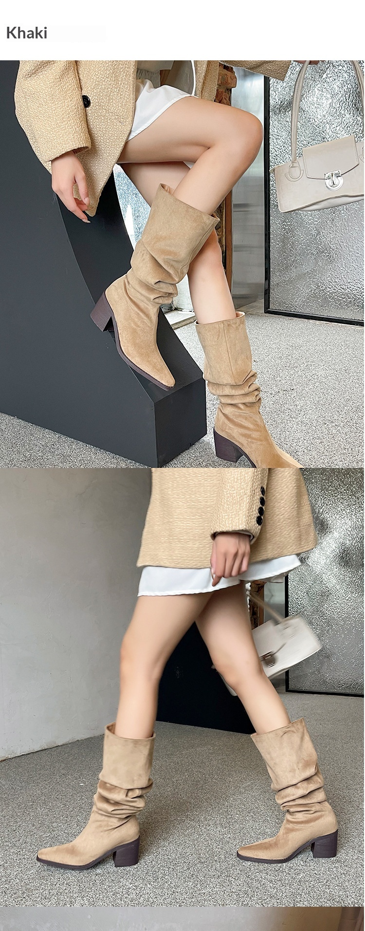 ShoeGlobe ShoeGlobe ShoeGlobe 776-1 Women's Riding Thick Heel Autumn Winter Western High Tube Retro Slimming Wrinkled Slouch Long Boots Wide Mouth_voghion.com