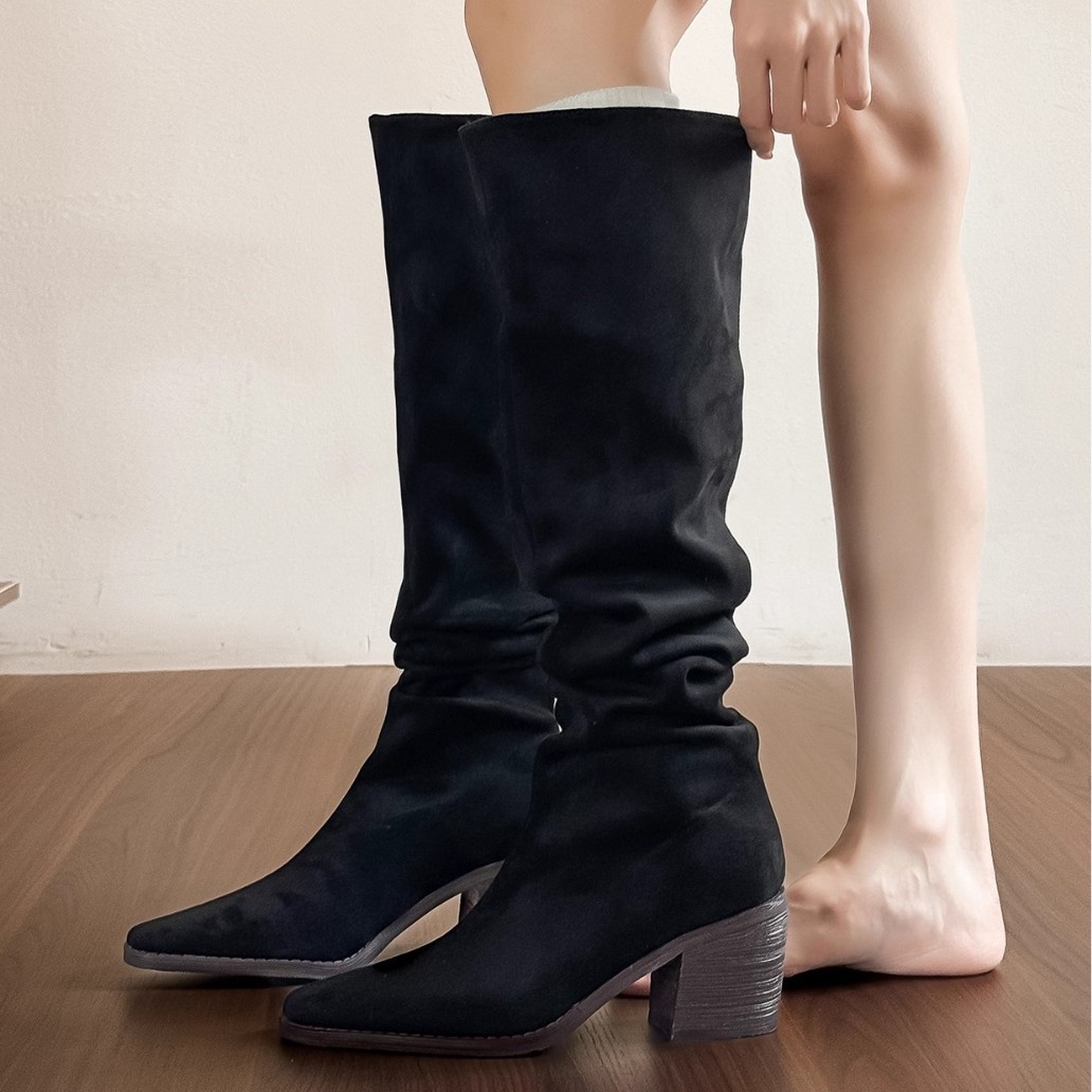 ShoeGlobe ShoeGlobe ShoeGlobe En stock ~ Bottes western rétro montantes, amincissantes, plissées, à large ouverture, talon épais, style automne_voghion.com