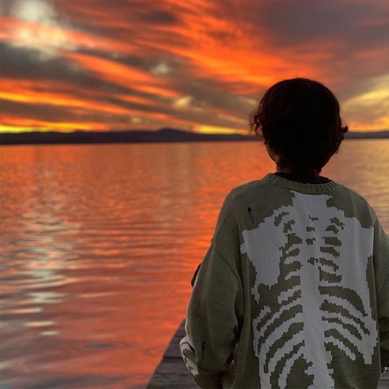 Boy Boy Boy Boy Cross-Border Back Skeleton Jacquard Ripped Long Sleeve Loose Pullover Sweater Men And Women Trendy Green In_voghion.com