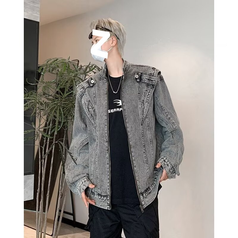 Giacca da motociclista da uomo in denim corto patchwork retrò resistente e alla moda, marchio europeo e americano, stile Cleanfit_voghion.com