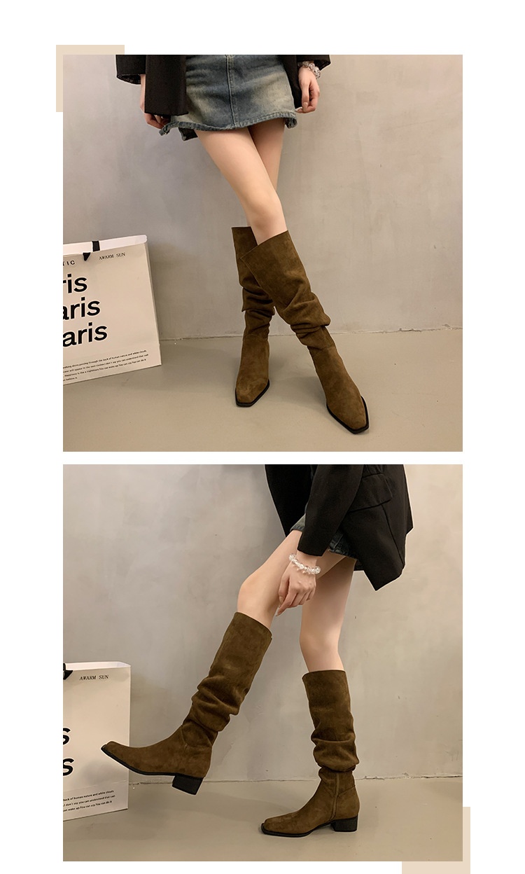 ShoeGlobe ShoeGlobe ShoeGlobe Chunky Heel Pointed Toe Suede Slim Long Women's Shoes 2025 New Autumn Winter Korean Style Over-the-Knee Riding Boots_voghion.com