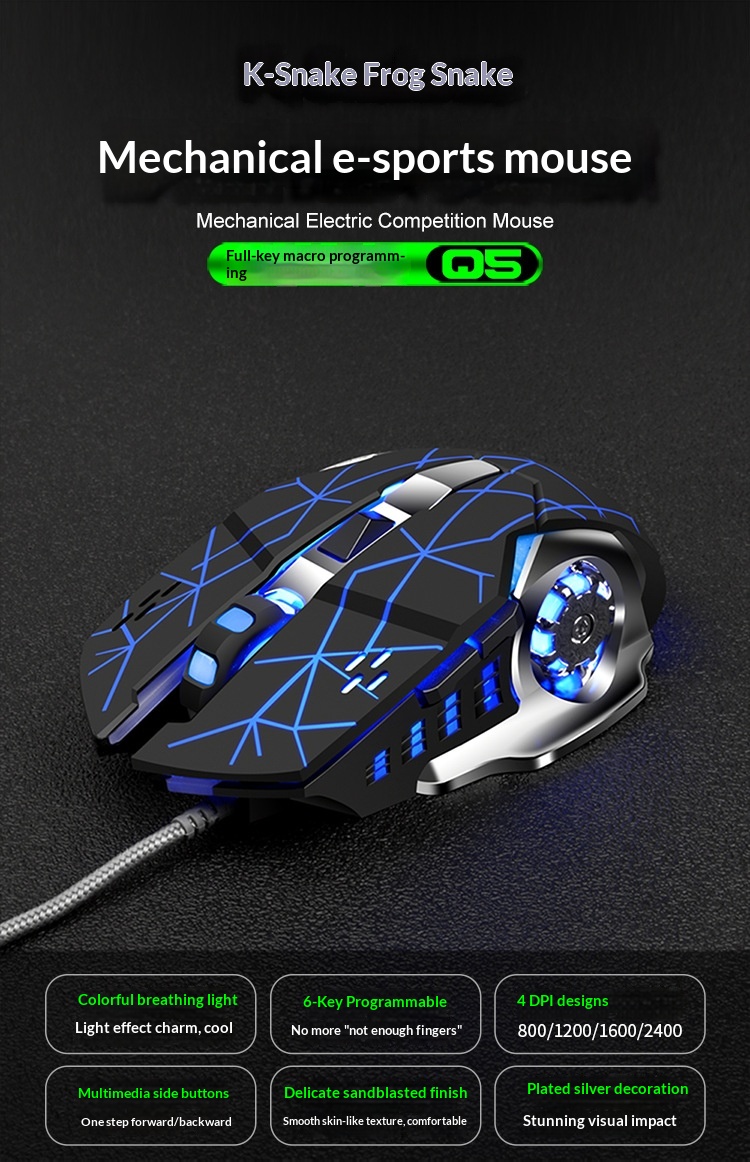 Souris de jeu filaire USB Digitex Viper Q7 pour ordinateur portable, e-sport, mécanique, lumineuse et sans bordures_voghion.com