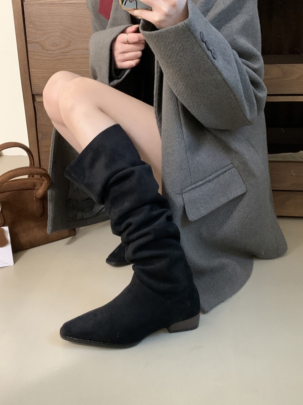 ShoeGlobe ShoeGlobe 2025 Autumn Winter French Retro Suede Low Over-the-Knee Long Thick Heel Pointed Toe Ruched High Tube Boots For Women_voghion.com