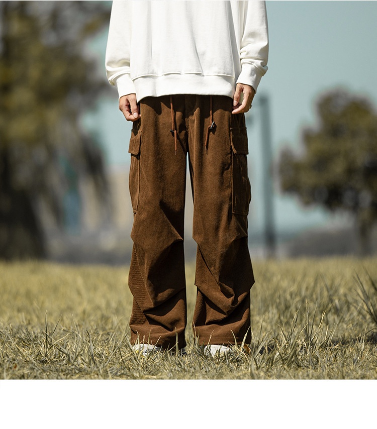 boy Corduroy Men City Boy Couple Casual Army Green Cargo Trendy Brand Autumn Winter Straight Wide Leg Long Pants_voghion.com