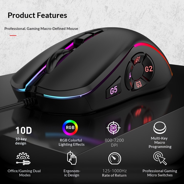 Souris gaming filaire RGB personnalisable Digitex X9 avec pavé tactile 10 touches et réglage sur 6 niveaux_voghion.com