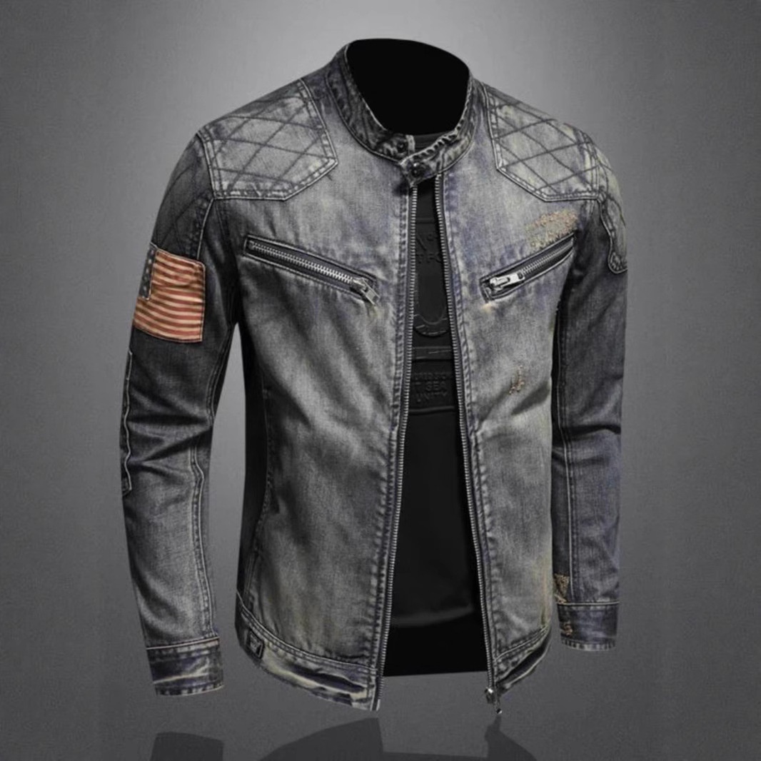 Veste de moto vintage automne-hiver style rétro tendance, marque européenne/américaine, col montant, fermeture éclair._voghion.com