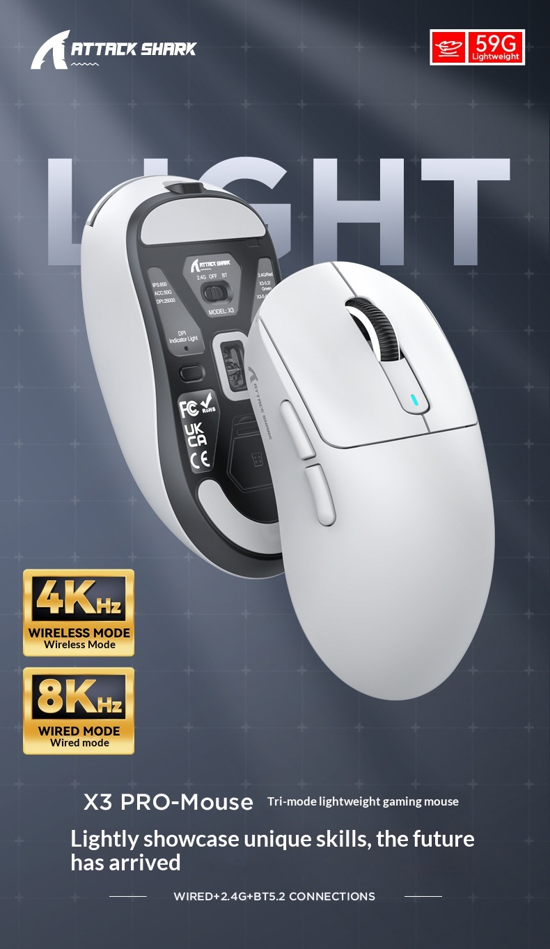 Digitex Digitex Attack Shark X3PRO Lightweight PAW3395 E-Sports Gaming Three-Mode 4K Wireless 8K Computer Mouse_voghion.com