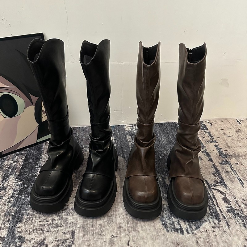 ShoeGlobe ShoeGlobe ShoeGlobe Europejski styl Długie dla kobiet 2025 Wiosna i jesień Gorący trend Ponad kolano Retro plisowane grube podeszwy_voghion.com