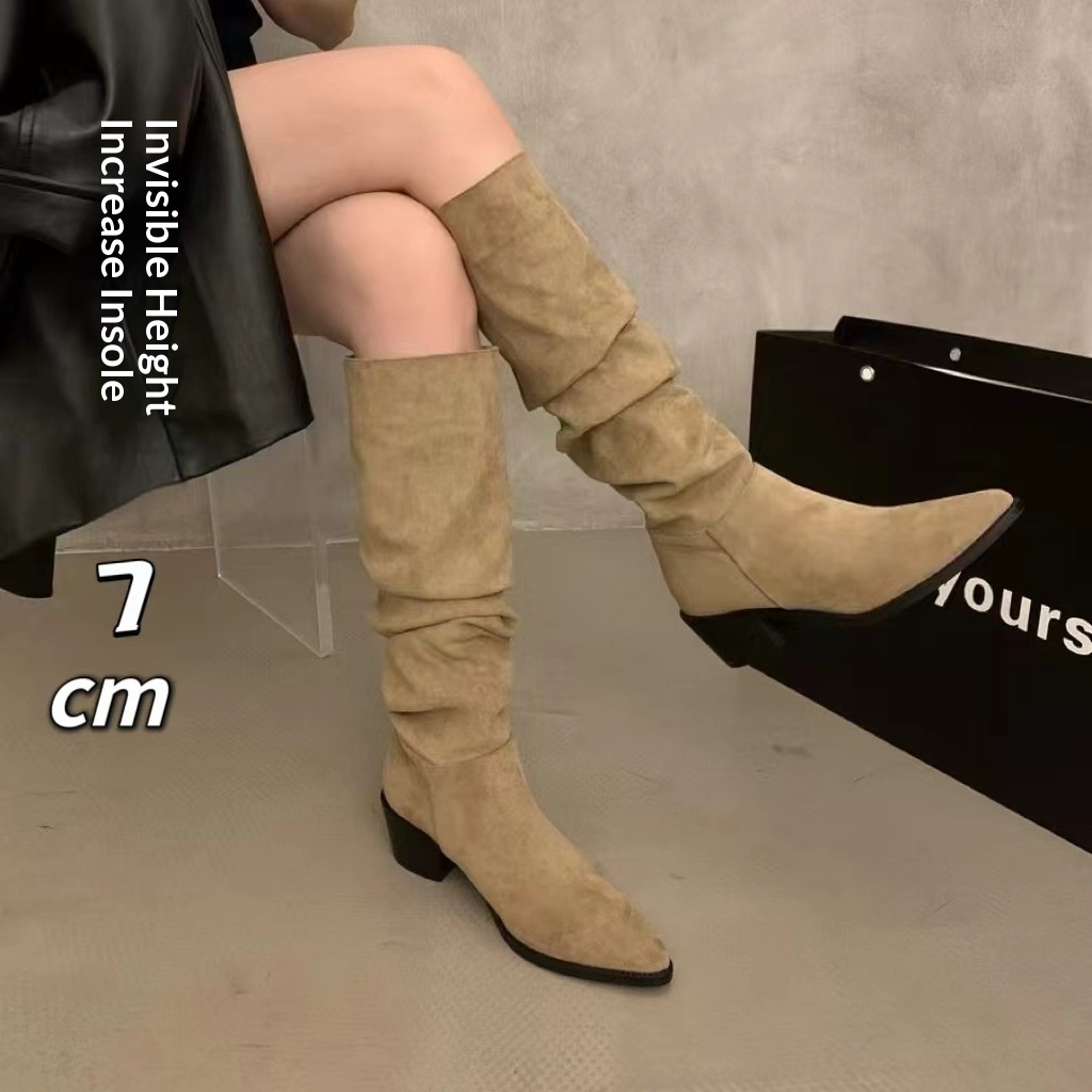 ShoeGlobe ShoeGlobe ShoeGlobe Zwiększenie wysokości wewnętrznej ~Kolor khaki Stacked Długie buty jeździeckie dla kobiet 2024 Nowość Jesień Zima Francuskie do połowy łydki_voghion.com