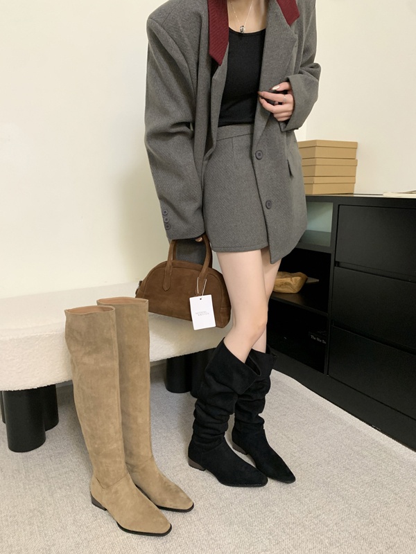 ShoeGlobe ShoeGlobe 2025 Autumn Winter French Retro Suede Low Over-the-Knee Long Thick Heel Pointed Toe Ruched High Tube Boots For Women_voghion.com