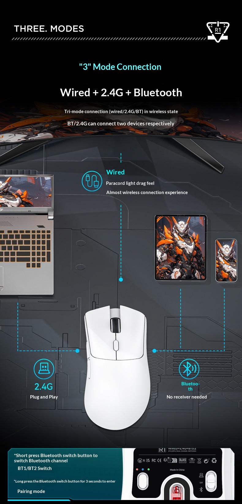 Digitex Digitex Attack Shark R1 Lightweight PAW3311 E-sports Gaming Three-mode Bluetooth Wireless Laptop Mouse_voghion.com