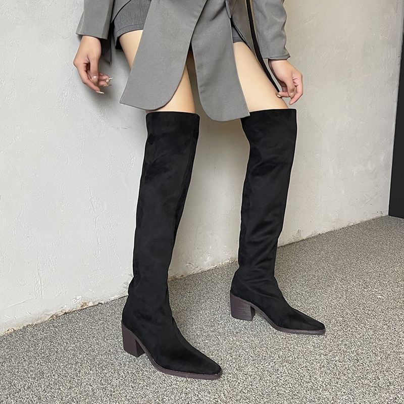 ShoeGlobe ShoeGlobe ShoeGlobe 776-1 Women's Riding Thick Heel Autumn Winter Western High Tube Retro Slimming Wrinkled Slouch Long Boots Wide Mouth_voghion.com