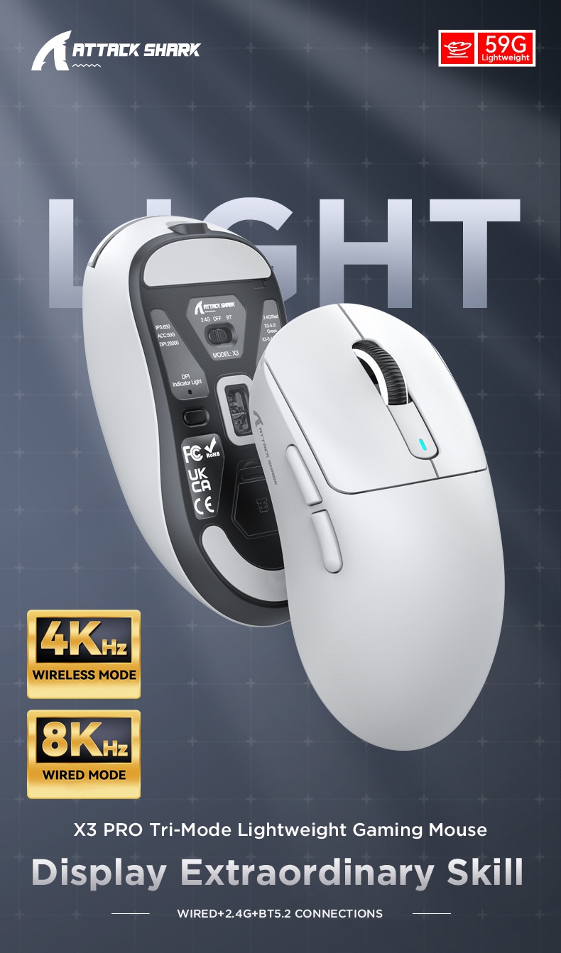 Digitex Digitex Attack Shark X3PRO Lightweight PAW3395 E-Sports Gaming Three-Mode 4K Wireless 8K Computer Mouse_voghion.com