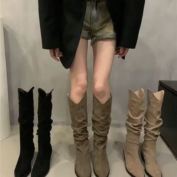 ShoeGlobe ShoeGlobe Stivali lunghi da donna con pile, stivali morbidi retrò versatili 2024, stivali alti antiscivolo per la moda autunnale e invernale_voghion.com