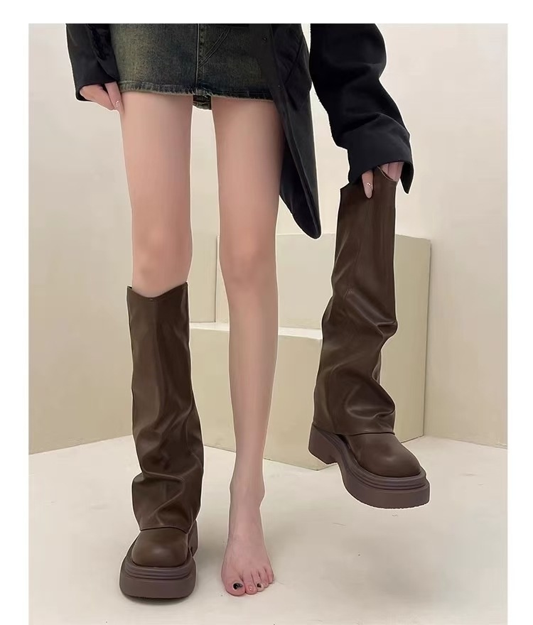 ShoeGlobe ShoeGlobe ShoeGlobe Tube 2024 Spring And Autumn New Genuine Leather Thick Sole Petite Riding Shoes For Women Long Boots_voghion.com