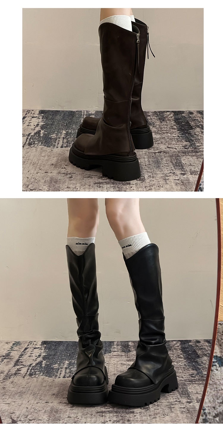 ShoeGlobe ShoeGlobe ShoeGlobe Europejski styl Długie dla kobiet 2025 Wiosna i jesień Gorący trend Ponad kolano Retro plisowane grube podeszwy_voghion.com