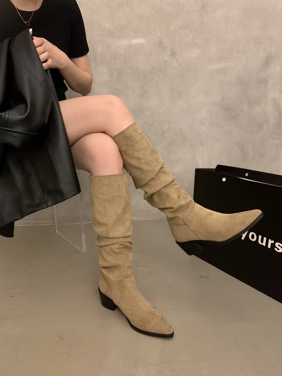 ShoeGlobe ShoeGlobe ShoeGlobe Zwiększenie wysokości wewnętrznej ~Kolor khaki Stacked Długie buty jeździeckie dla kobiet 2024 Nowość Jesień Zima Francuskie do połowy łydki_voghion.com
