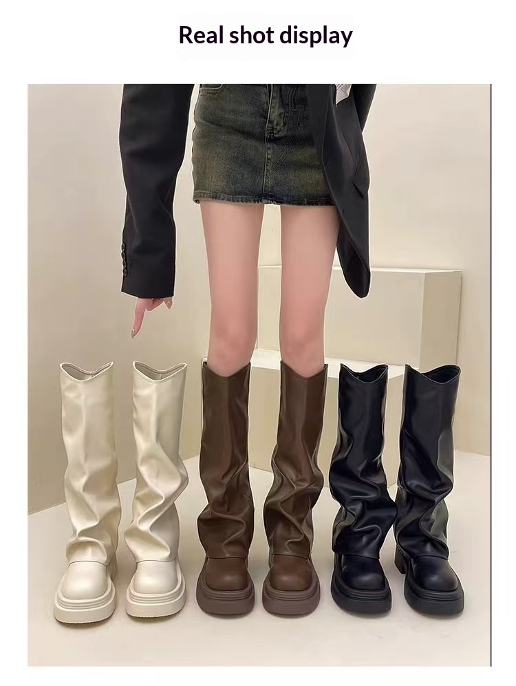 ShoeGlobe ShoeGlobe ShoeGlobe Tube 2024 Spring And Autumn New Genuine Leather Thick Sole Petite Riding Shoes For Women Long Boots_voghion.com