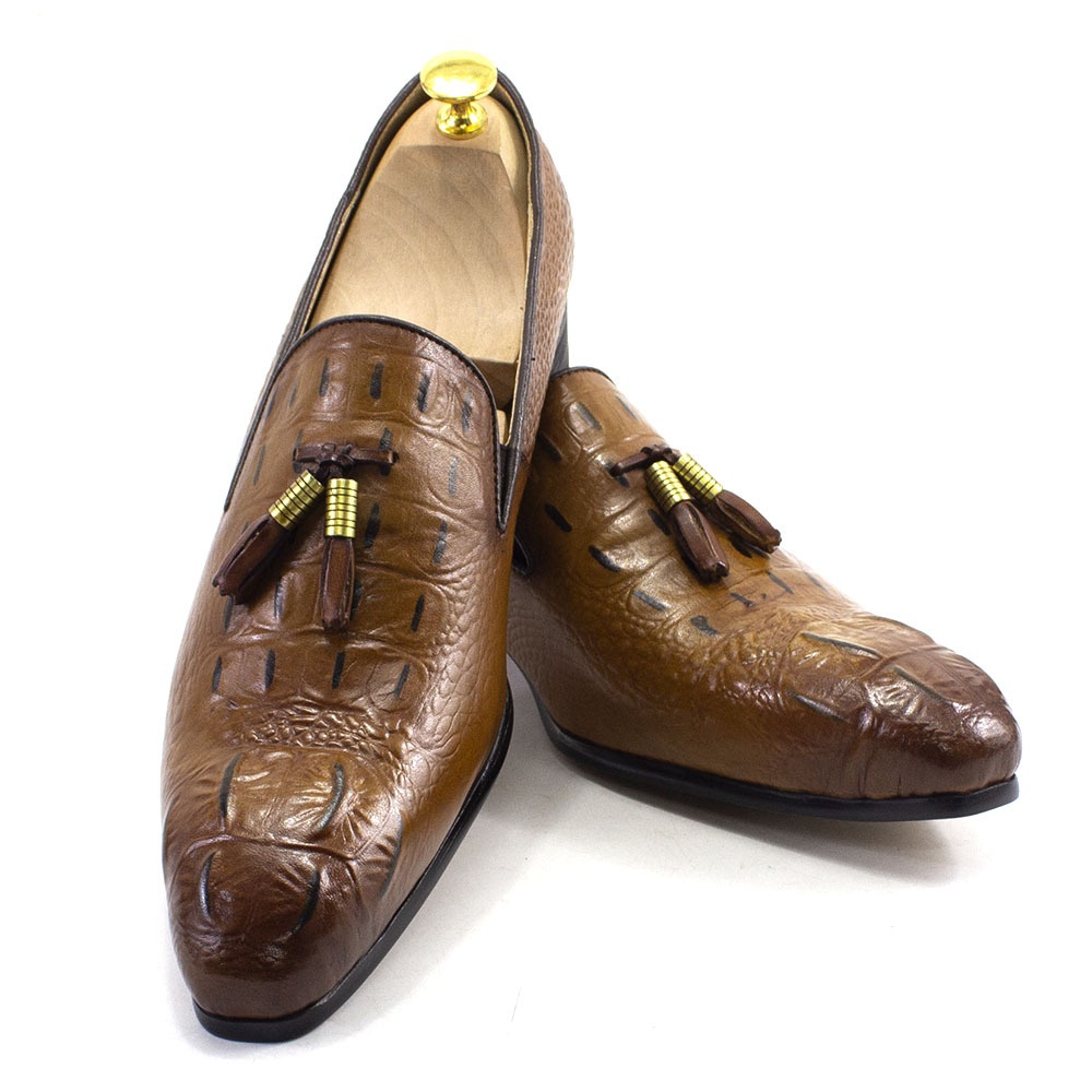 WalkPrime WalkPrime Italian Handmade Business Casual Pointed Toe Genuine Leather Tassel Loafers Crocodile Pattern Trendy Men's Shoes_voghion.com
