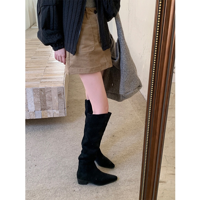 ShoeGlobe ShoeGlobe Pointed Toe Chunky Heel Pleated Slouch 2024 Autumn Winter New Veratile Mid-Heel Suede High Tube Long Boot Women'_voghion.com