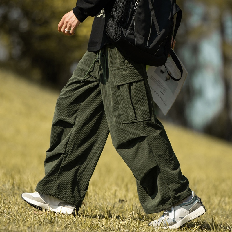 boy Corduroy Men City Boy Couple Casual Army Green Cargo Trendy Brand Autumn Winter Straight Wide Leg Long Pants_voghion.com