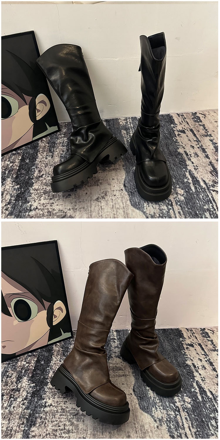 ShoeGlobe ShoeGlobe ShoeGlobe Europejski styl Długie dla kobiet 2025 Wiosna i jesień Gorący trend Ponad kolano Retro plisowane grube podeszwy_voghion.com