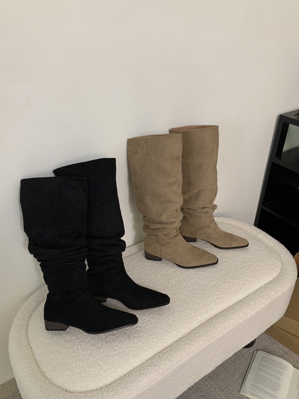 ShoeGlobe ShoeGlobe 2025 Autumn Winter French Retro Suede Low Over-the-Knee Long Thick Heel Pointed Toe Ruched High Tube Boots For Women_voghion.com