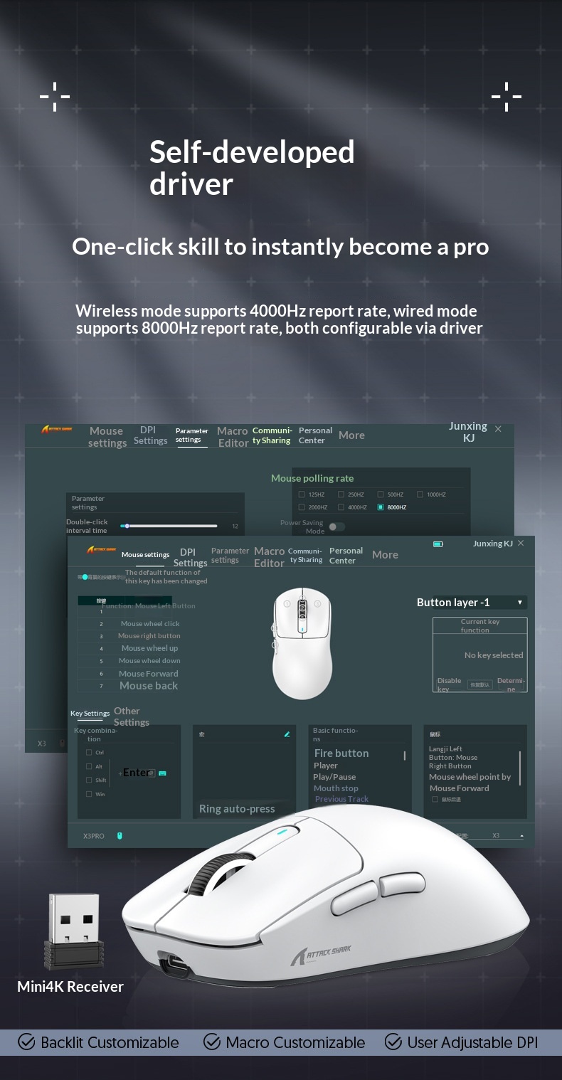 Digitex Digitex Attack Shark X3PRO Lightweight PAW3395 E-Sports Gaming Three-Mode 4K Wireless 8K Computer Mouse_voghion.com