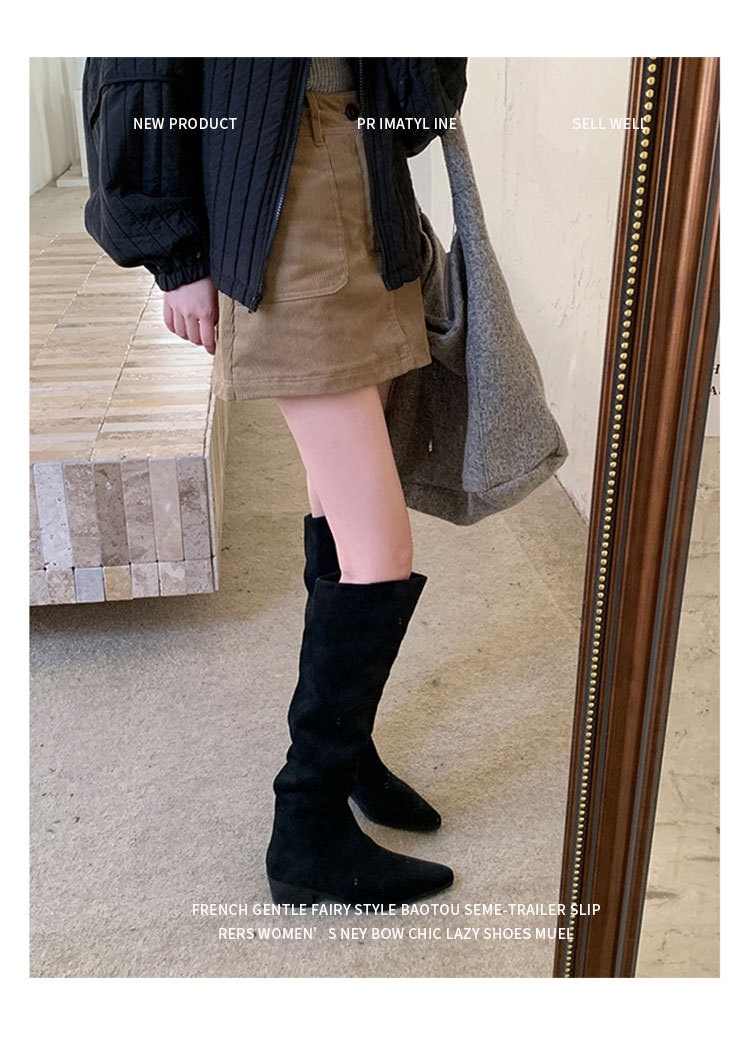 ShoeGlobe ShoeGlobe Pointed Toe Chunky Heel Pleated Slouch 2024 Autumn Winter New Veratile Mid-Heel Suede High Tube Long Boot Women'_voghion.com