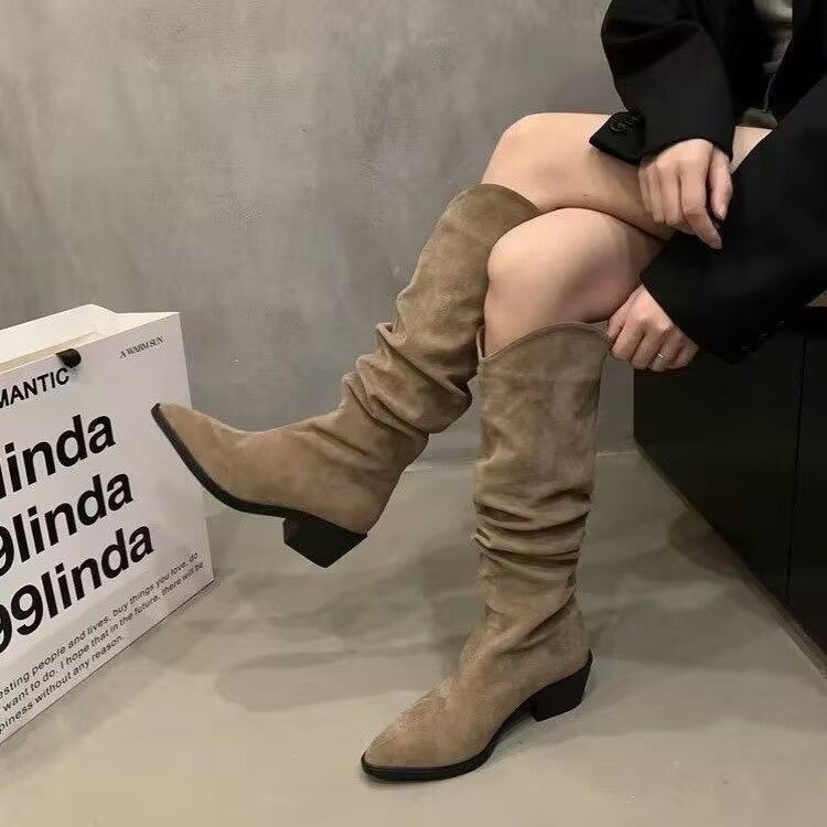 ShoeGlobe ShoeGlobe Stivali lunghi da donna con pile, stivali morbidi retrò versatili 2024, stivali alti antiscivolo per la moda autunnale e invernale_voghion.com