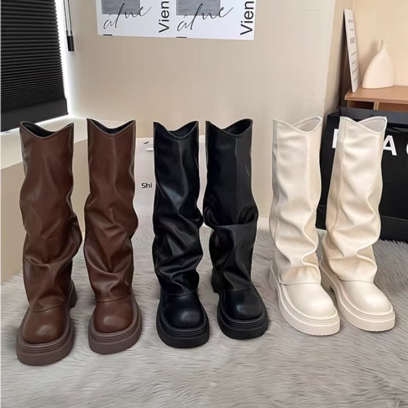 ShoeGlobe ShoeGlobe ShoeGlobe Tube 2024 Spring And Autumn New Genuine Leather Thick Sole Petite Riding Shoes For Women Long Boots_voghion.com