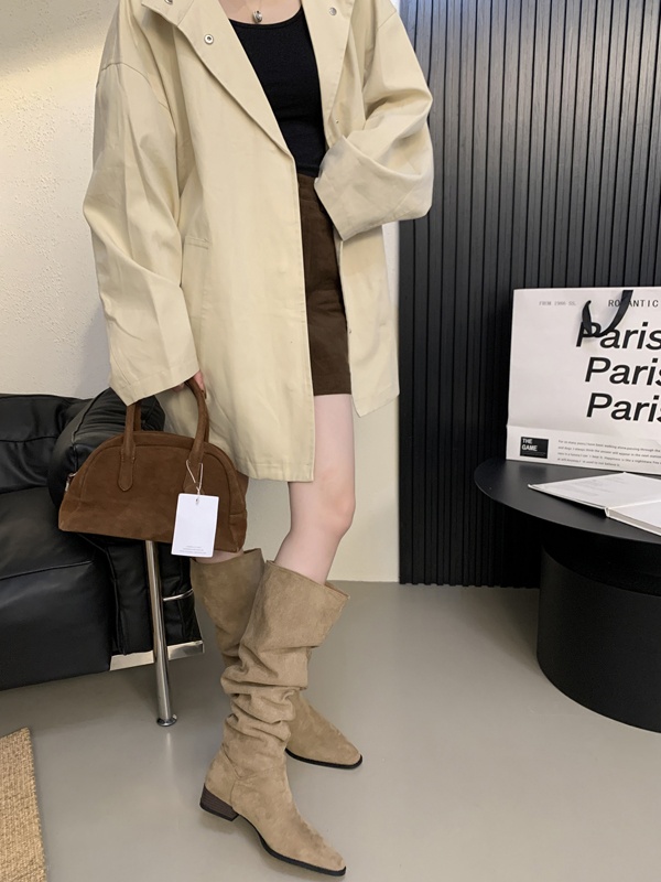 ShoeGlobe ShoeGlobe 2025 Autumn Winter French Retro Suede Low Over-the-Knee Long Thick Heel Pointed Toe Ruched High Tube Boots For Women_voghion.com