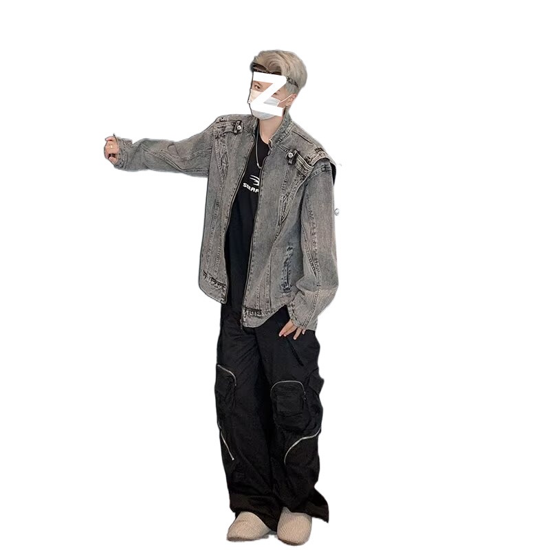 Giacca da motociclista da uomo in denim corto patchwork retrò resistente e alla moda, marchio europeo e americano, stile Cleanfit_voghion.com