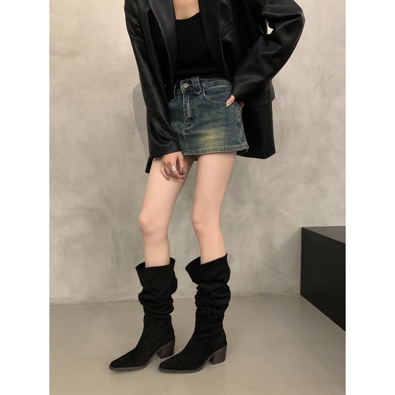 ShoeGlobe ShoeGlobe Vintage High Heel Suede Western Mid-Calf For Women 2025 Autumn Winter New Fleece-Lined Pointed Toe Slouchy Long Riding_voghion.com