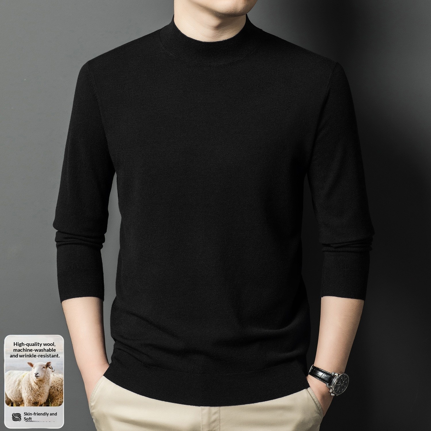 boy Boy Fine Knitted Men's Autumn Winter Half Turtleneck Casual Versatile Stretchy Warm Base Layer Wool Sweater_voghion.com