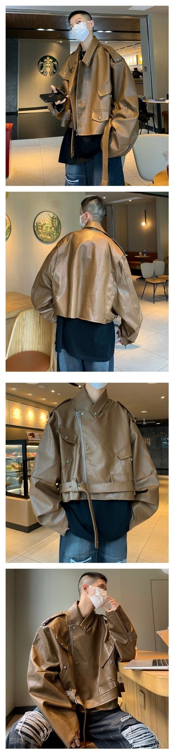 Giacca da motociclista corta in pelle color caffè Melard da uomo, stile street primaverile e autunnale, dal design unico, cool_voghion.com