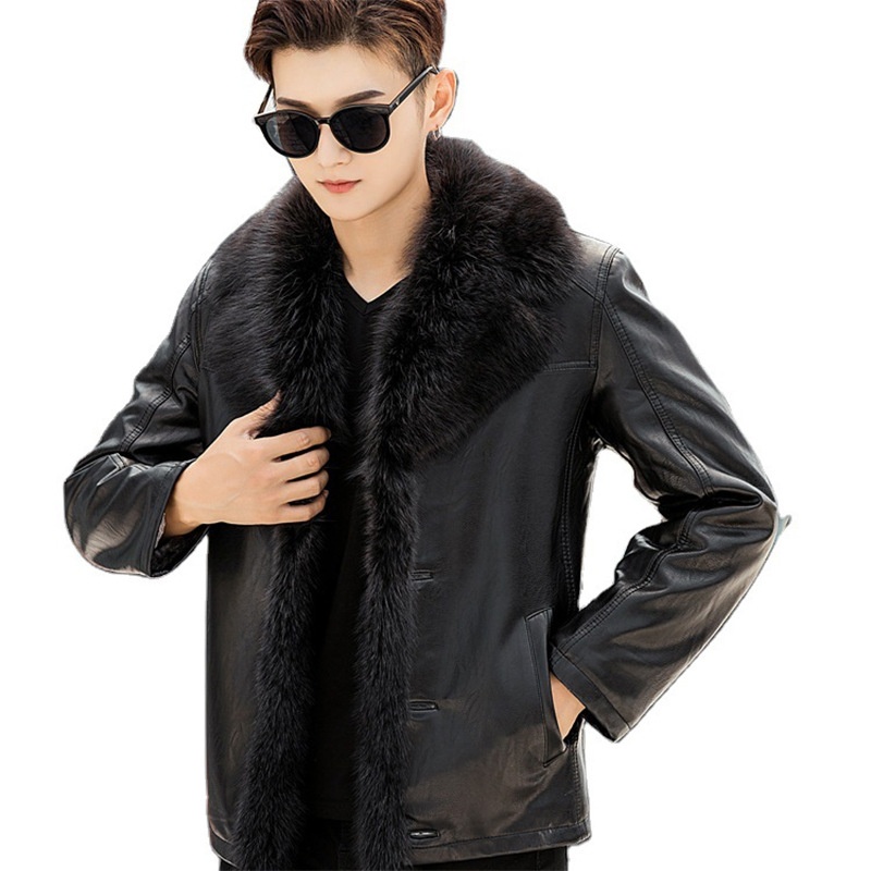boy Shearling PU Short Style With Fur Collar Men's Fleece Lined Thickened Leather Jacket Warm Winter_voghion.com