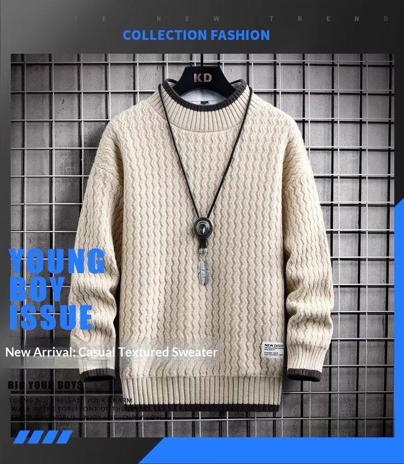 Pull à col roulé mi-long pour homme, pull en maille torsadée automne-hiver, pull tendance ample à col rond pour homme._voghion.com
